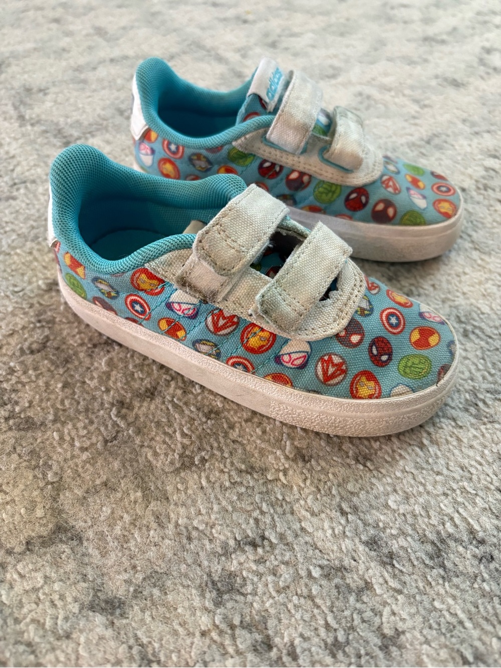 adidas Kids Light Blue Velcro Sneakers with Multicolor Superhero Dots